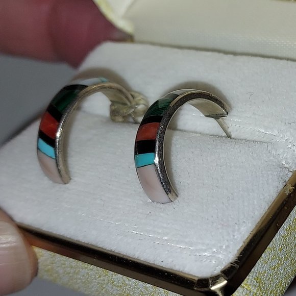Sterling Silver Multi-Stone Zuni Inlay Petite earrings Signed RU - Picture 2 of 3